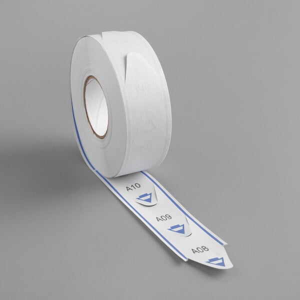 a roll of white paper with blue labels