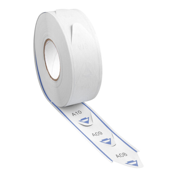 A roll of blue 3-digit take-a-number tickets for a ticket dispenser.