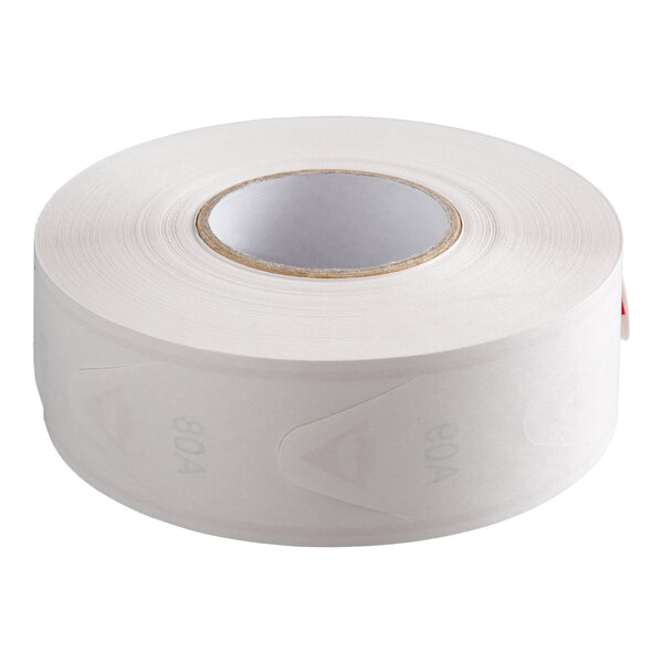 A roll of red 3-digit take-a-number tickets designed for use with a ticket dispenser.