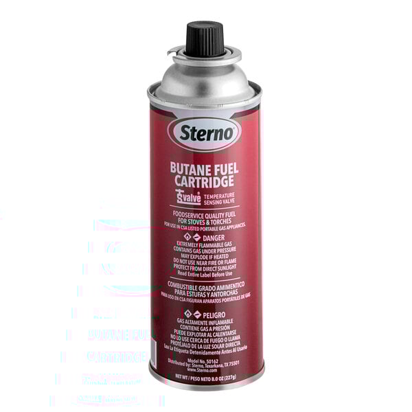 A canister of Sterno 50162 butane fuel refill, 8 oz size.
