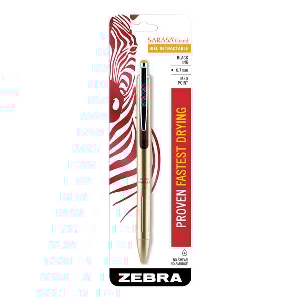A package of Zebra Sarasa black ink pens with gold barrels.