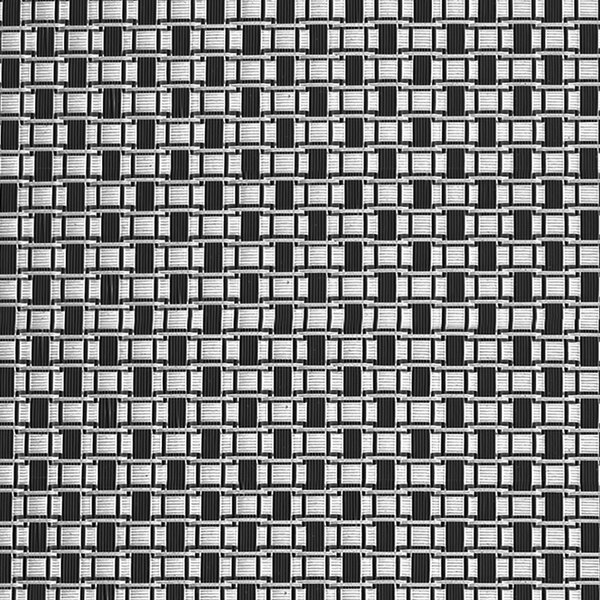 A close-up of a black and white woven fabric placemat with a buffalo plaid pattern.