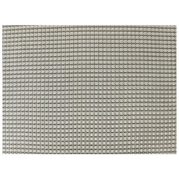 A close-up of a dove gray woven vinyl placemat with a grid pattern.