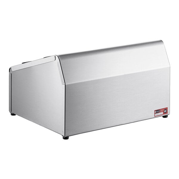 A silver rectangular stainless steel Steril-Sil countertop flatware organizer with black cylinders.