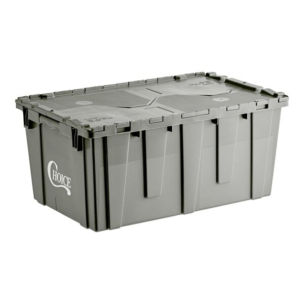 A gray plastic stackable tote box with a lid.