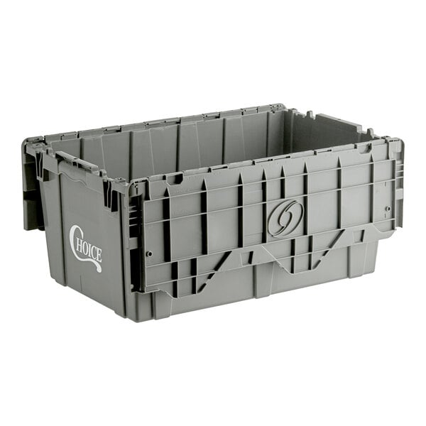 A gray plastic Choice chafer storage box with a handle.