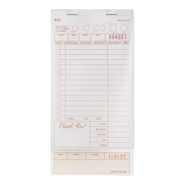 A tan and white carbonless guest check pad with a bottom guest receipt, commonly used in restaurants for order taking.