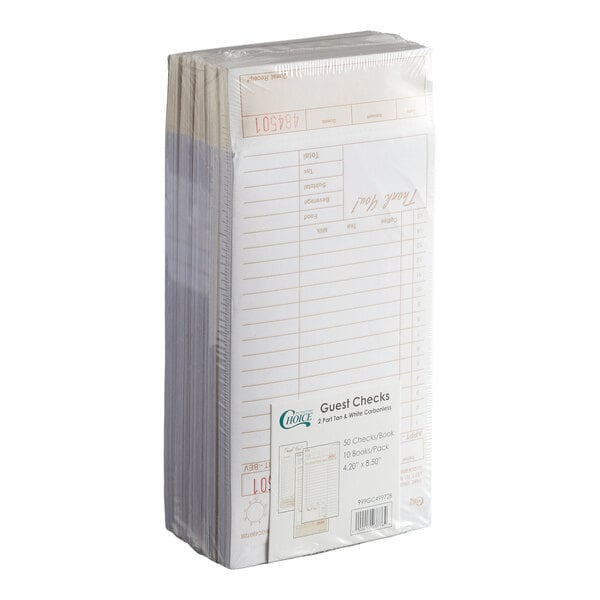 A pack of Choice 2 Part Tan and White Carbonless Guest Checks with a bottom guest receipt.