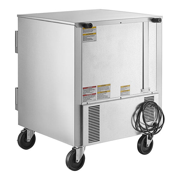 A large silver Beverage-Air undercounter refrigerator with wheels.