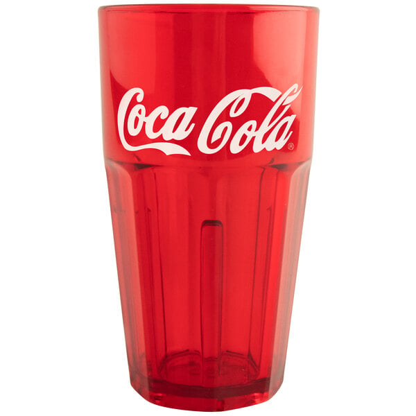 A red plastic tumbler with a white Coca-Cola logo.