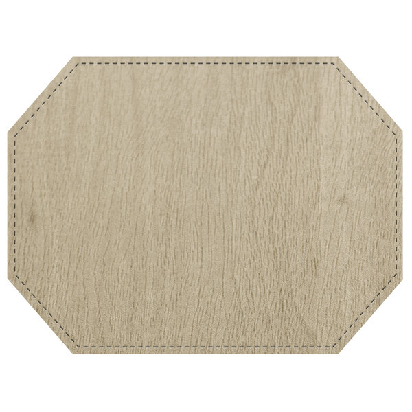 A custom Sherwood faux wood placemat with stitching on the edge.