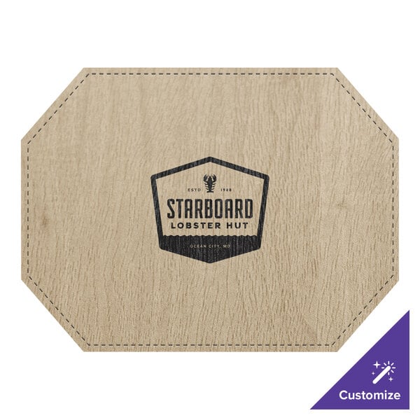 A customizable faux wood octagon placemat on a table with a logo.