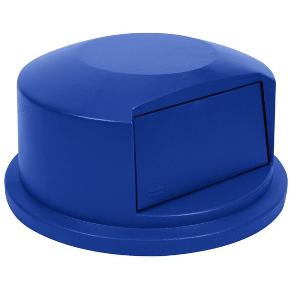 A blue round Rubbermaid trash can lid.