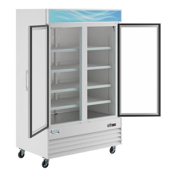 An Avantco white glass door freezer with a door open.