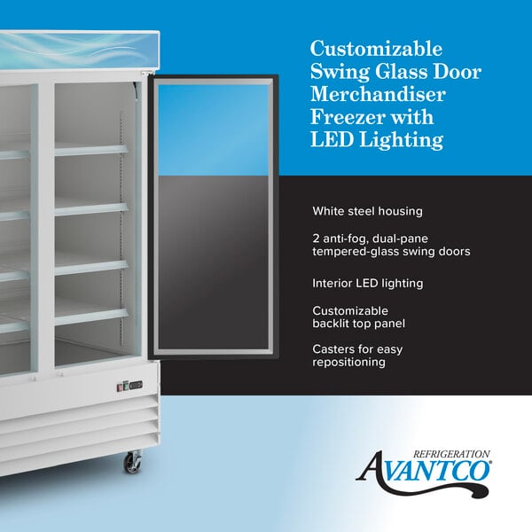 Graphic highlighting white glass door freezer with LED lighting and customizable panel.