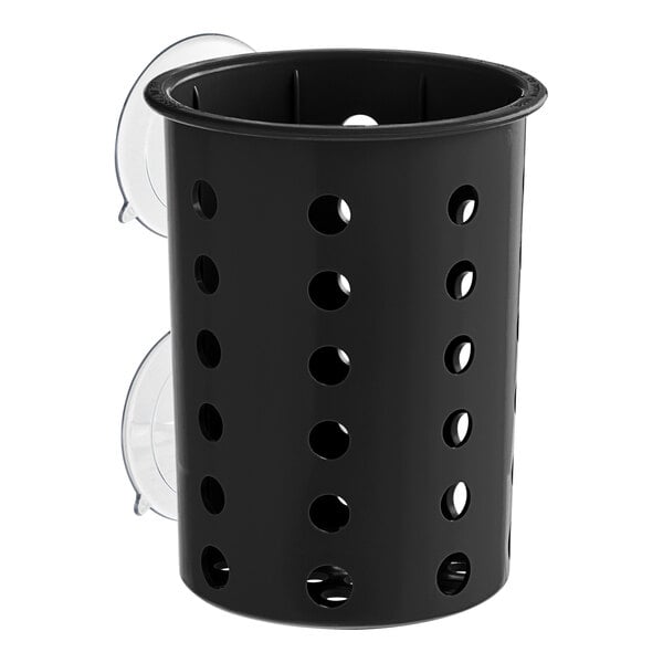 A black Steril-Sil plastic flatware cylinder with holes.