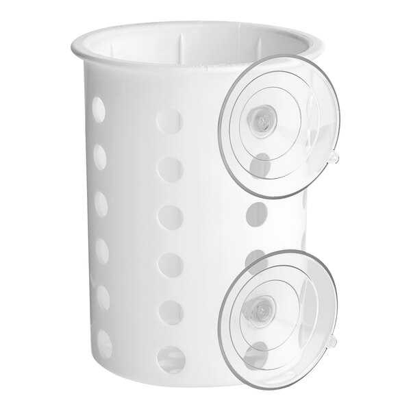 A white plastic Steril-Sil flatware cylinder with holes and suction cups.