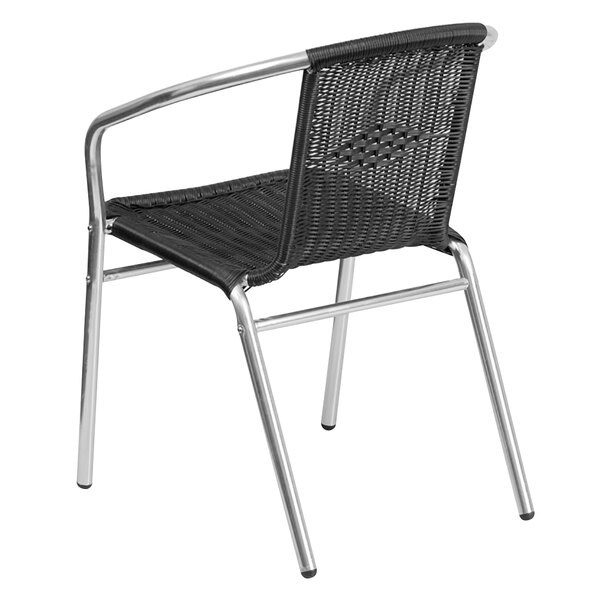 A black chair with a silver metal frame.