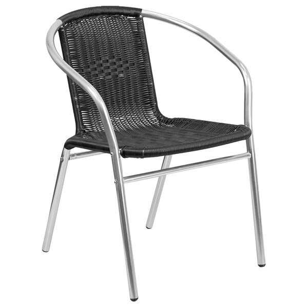 A Flash Furniture black rattan outdoor restaurant chair with a silver aluminum frame.