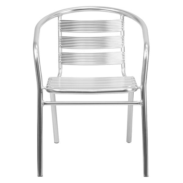 A silver Flash Furniture aluminum restaurant chair.