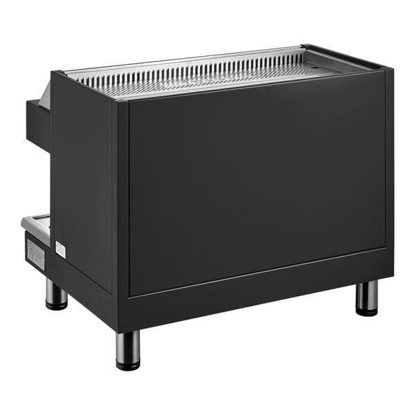 An Astra Mega II M2S-017 semi-automatic stainless steel espresso machine with a black exterior and metal legs.