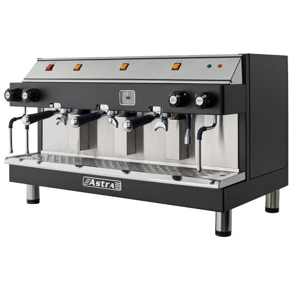 A black and silver Astra M3S018 Mega III semi-automatic espresso machine.