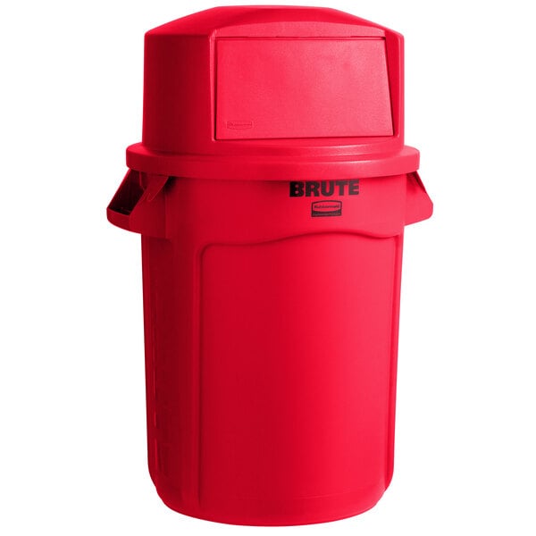 a red trash can with a lid