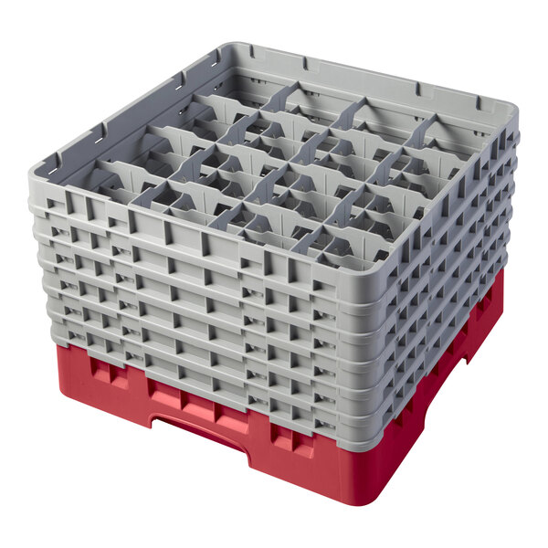 A red and gray plastic Cambro glass rack with plastic extenders stacked on top.