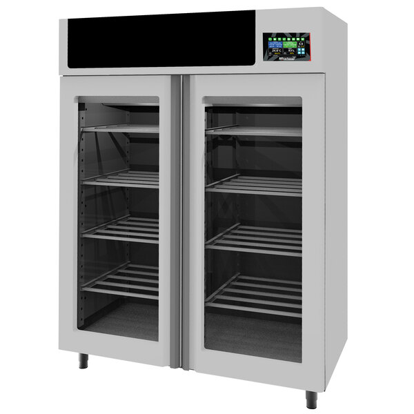 a white refrigerator with shelves