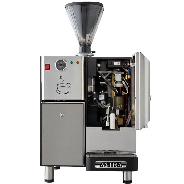 An Astra Super Mega automatic coffee machine with the lid open and a glass container inside.