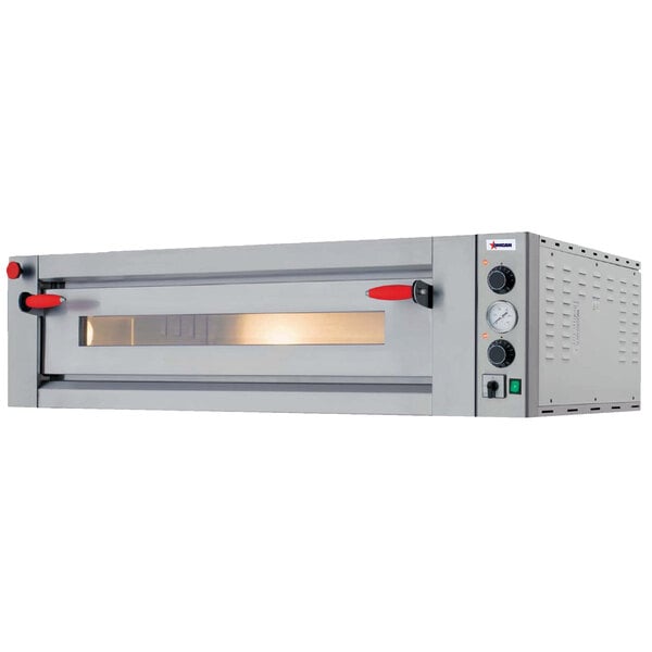 An Omcan Pyralis Series countertop pizza oven with a glass door.