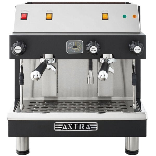 An Astra Mega II compact semi-automatic espresso machine in black and silver with two spouts.