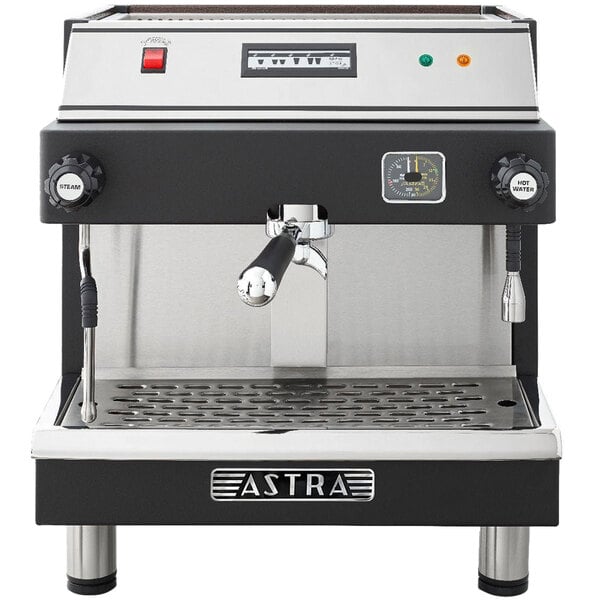An Astra M1 011-1 Mega l automatic espresso machine in black and silver.