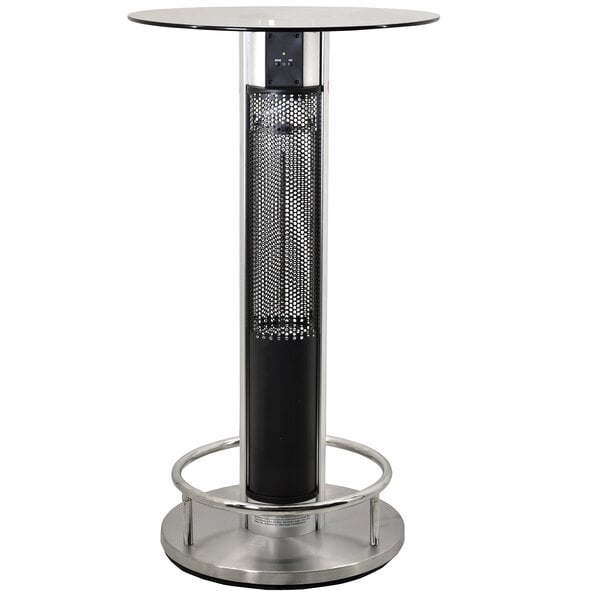 Table style heater with circular base, narrow column, and circular, flat table top