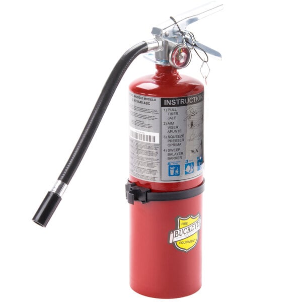 Red Buckeye ABC fire extinguisher with hose undone