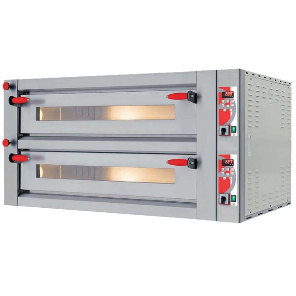 An Omcan Pyralis Series double deck pizza oven with grey and red doors.