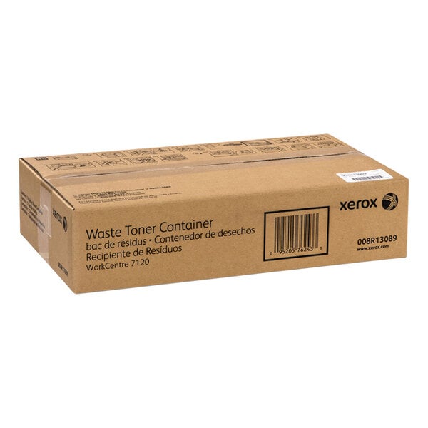 A brown cardboard box with black text reading "Xerox 008R13089 Waste Toner Cartridge"