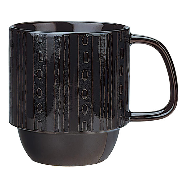 a black coffee mug with a handle