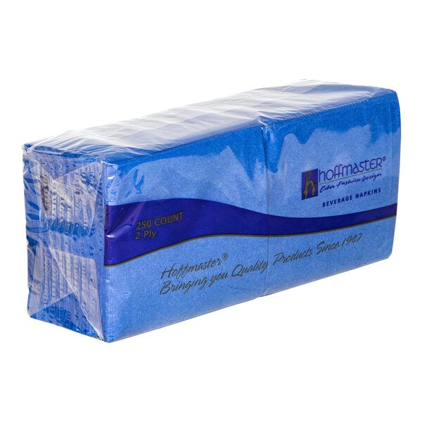 A pack of 250 cobalt blue Hoffmaster beverage or cocktail napkins.