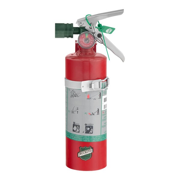 A red Buckeye 2.5 lb. Halotron fire extinguisher with a fixed nozzle and DOT vehicle bracket.