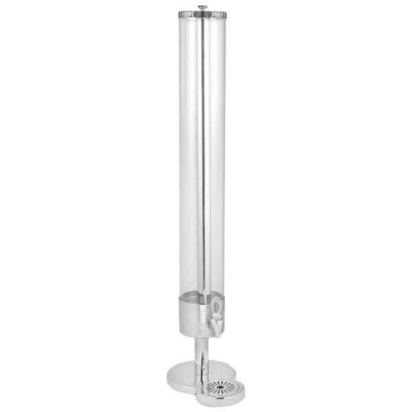 An Eastern Tabletop stainless steel beverage dispenser with a clear glass cylinder and silver metal stand.