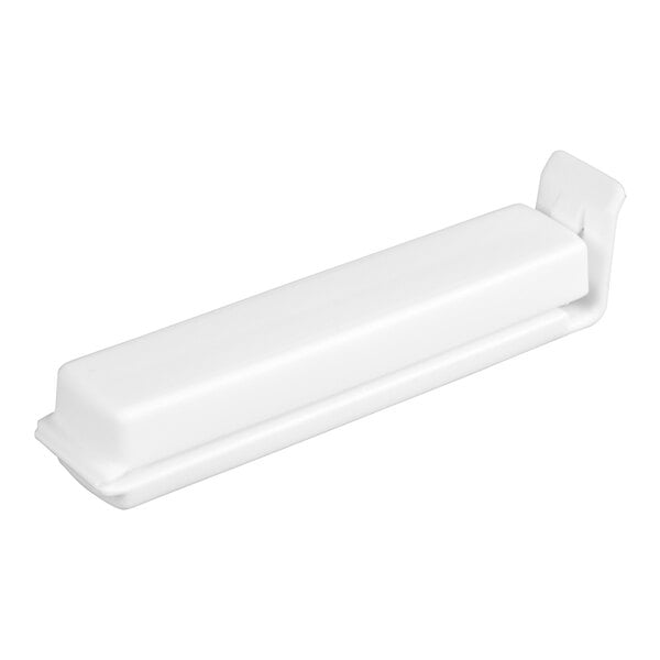 A white, rectangular plastic clip with a hinged design, likely used for sealing bags.