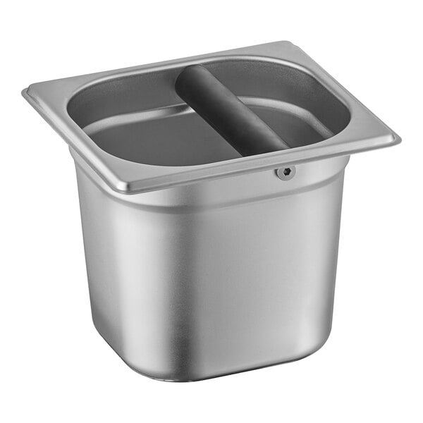 A silver stainless steel Choice espresso knock box with a handle and a lid.