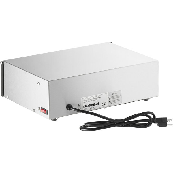 A silver rectangular Grand Slam hot dog bun warmer with a black cord.