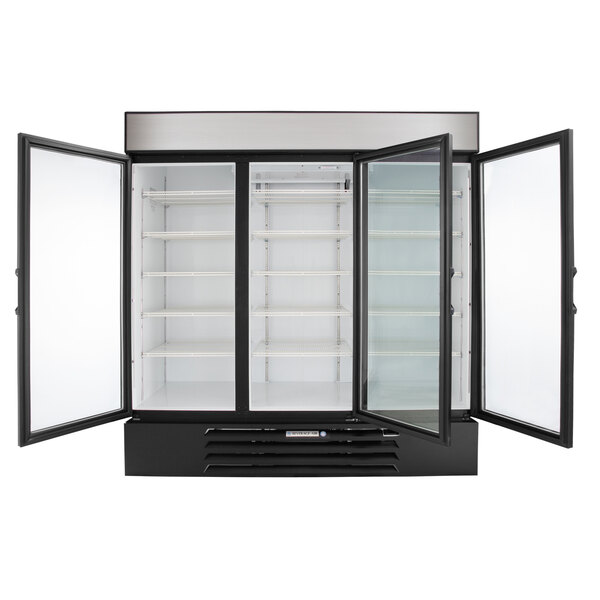 A black Beverage-Air refrigerated merchandiser with glass doors.