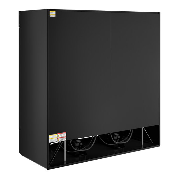 A large black refrigerated glass door merchandiser with LED lighting designed for commercial use.