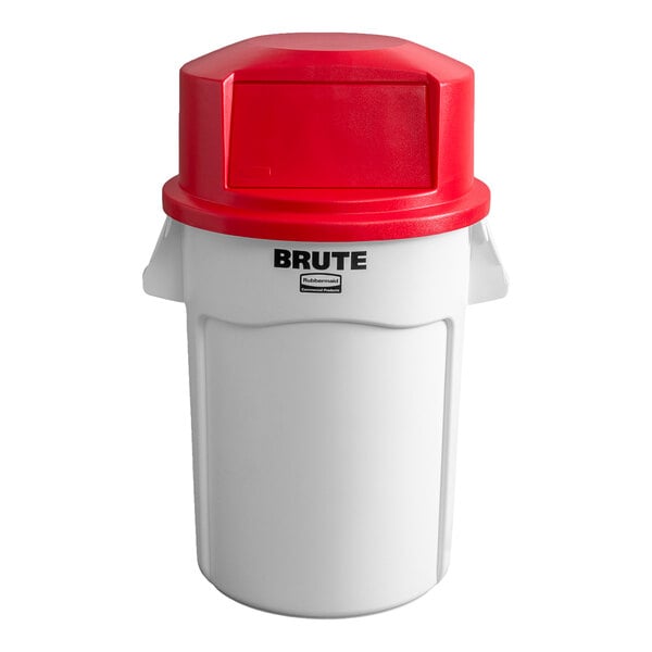 A white Rubbermaid BRUTE trash can with a red dome top lid.
