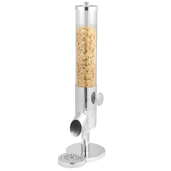 An Eastern Tabletop stainless steel cereal dispenser with clear canister and silver accents filled with cereal.