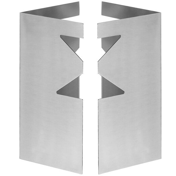 Two stainless steel "L" shaped corners with cut out designs.