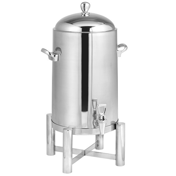 An Eastern Tabletop stainless steel coffee urn with a lid.